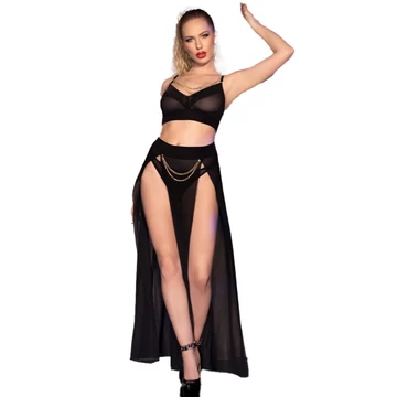 CHILIROSE - CR 4672 FEKETE TOP SZOKNYA ÉS THONG ARANY LÁNCOKKAL XL