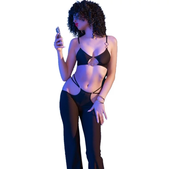 CHILIROSE - CR 4851 FEKETE TOP ÉS LEGGINGS SZETT ARANY KIEGÉSZÍTŐKKEL L